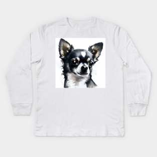 Black and White Chihuahua Watercolor Portrait Kids Long Sleeve T-Shirt